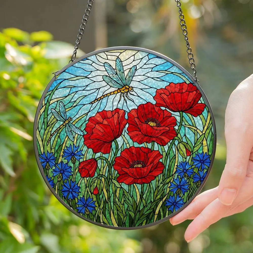 Red Poppy Dragonfly Stained Glass Tiffany Style Blue Cornflower Mosaic Field Art Stained Glass Suncatcher - 1