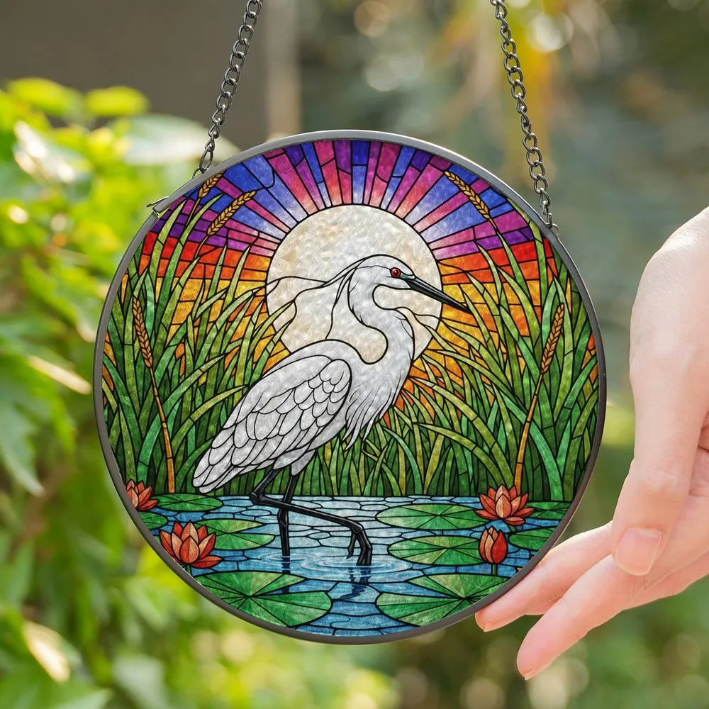 Tiffany Style White Egret Stained Glass, Water Lily Sunset Moon Marsh Art Gift Stained Glass Suncatcher - 1