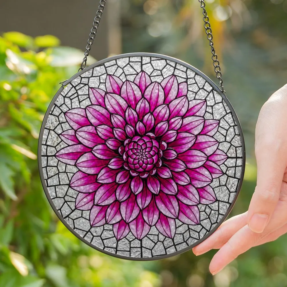Intricate Dahlia Flower Stained Glass Suncatcher - Jewel Tone Mosaic Garden Decor - 1