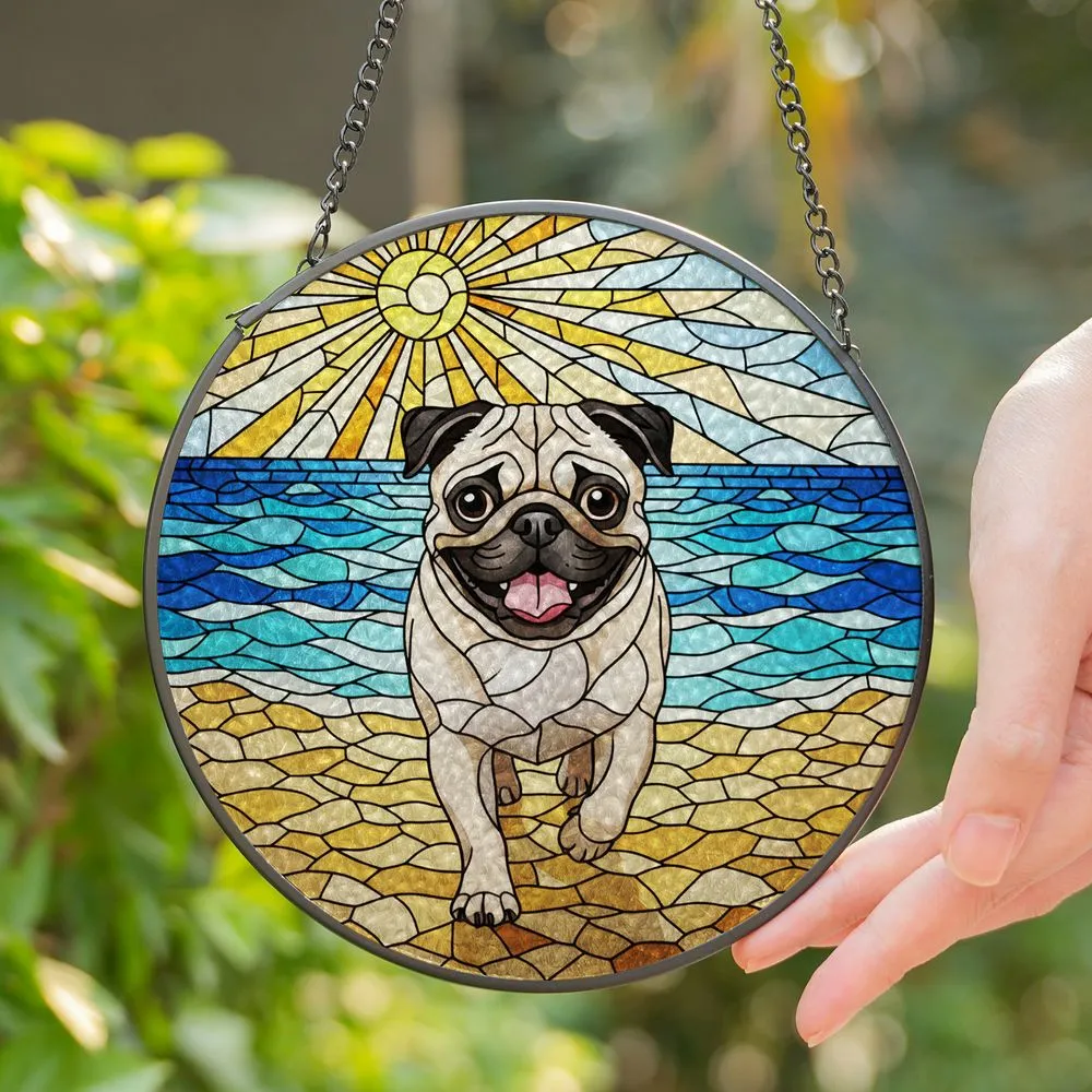 Cheerful Pug Dog Running Beach Ocean Waves - Glowing Tiffany Stained Glass Jewel Art Stained Glass Suncatcher - 1