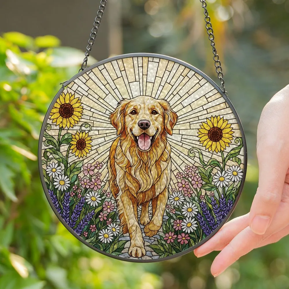 Golden Retriever Dog Stained Glass Sunflowers Wildflowers - Sunbeam Tiffany Decor Gift Stained Glass Suncatcher - 1