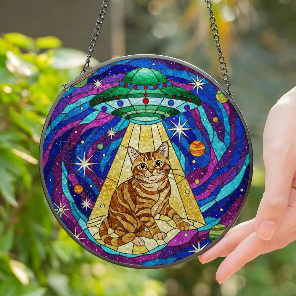 Wide-Eyed Tabby Cat UFO Abduction Levitation - Tiffany Glass Cosmic Starfield Jewel Tones Stained Glass Suncatcher - 1