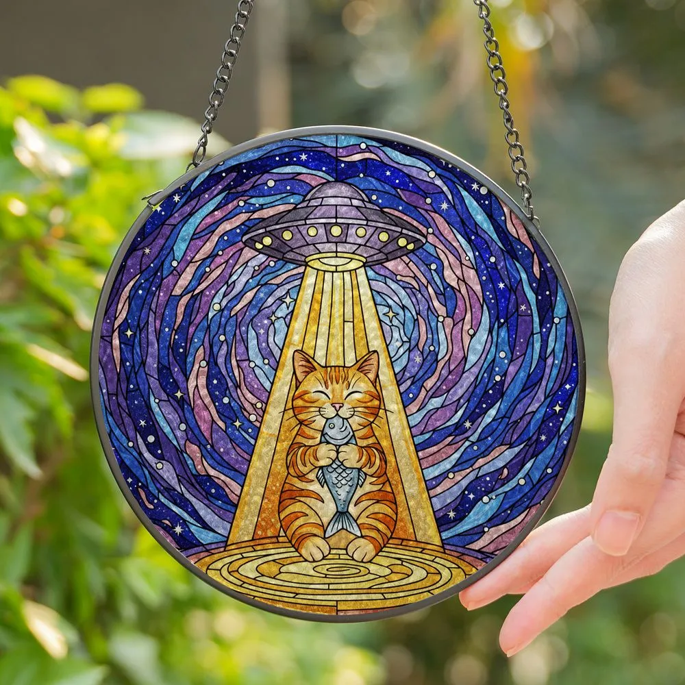 Tabby Cat UFO Tractor Beam Cosmic Galaxy Tiffany Stained Glass - Space Art Gift Stained Glass Suncatcher - 1