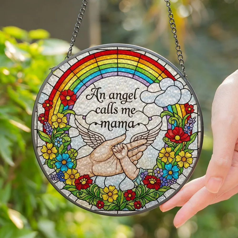 Mama Baby Hands Angel Wings Stained Glass Rainbow Wildflower - Mother's Day Gift for Mom Stained Glass Suncatcher - 1