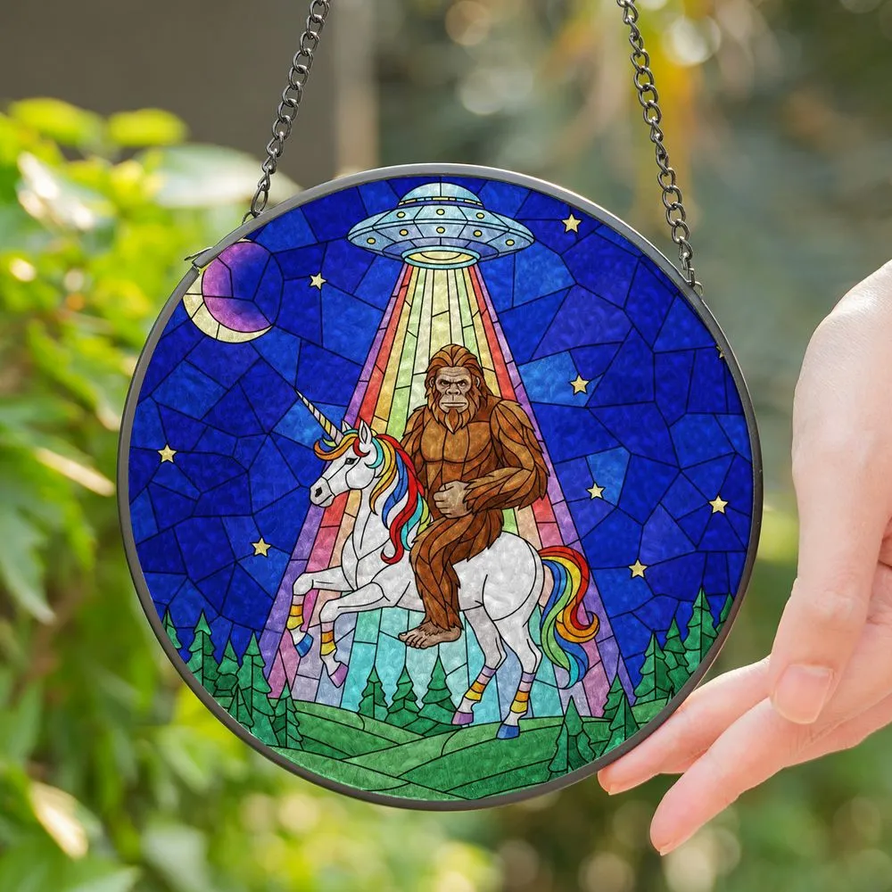 Bigfoot Unicorn UFO Rainbow Beam - Starry Cosmic Night Mosaic Fantasy Mythical Art Stained Glass Suncatcher - 1