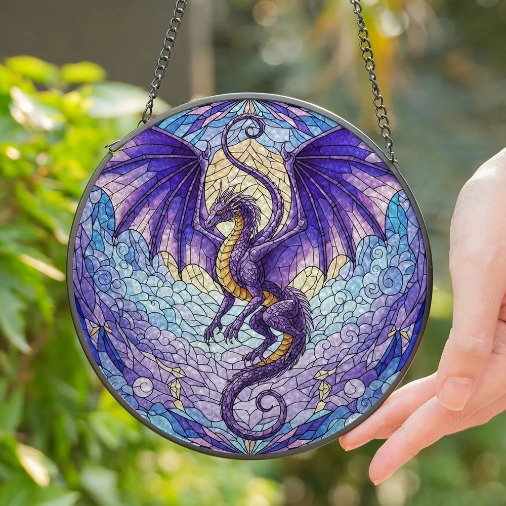Majestic Fantasy Dragon Stained Glass Tiffany Style Faceted Scales Celestial Art Stained Glass Suncatcher - 1