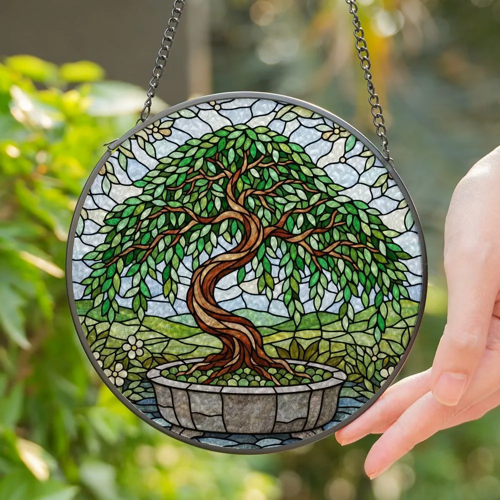 Weeping Bonsai Tree Tiffany Stained Glass with Moss Pot & Sky Hills - Garden Art Decor Stained Glass Suncatcher - 1