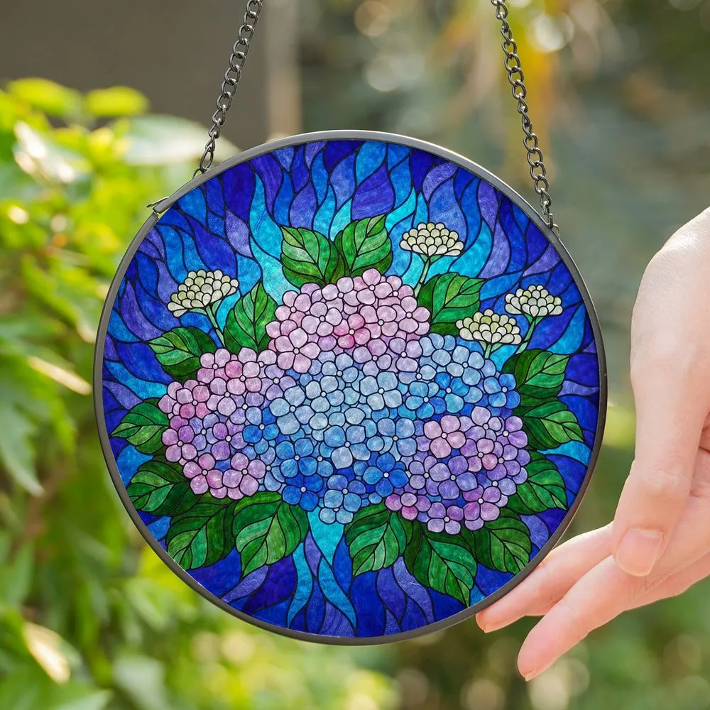 Vibrant Hydrangea Stained Glass Tiffany Art Floral Mosaic Swirling Jewel Tone Pattern Stained Glass Suncatcher - 1