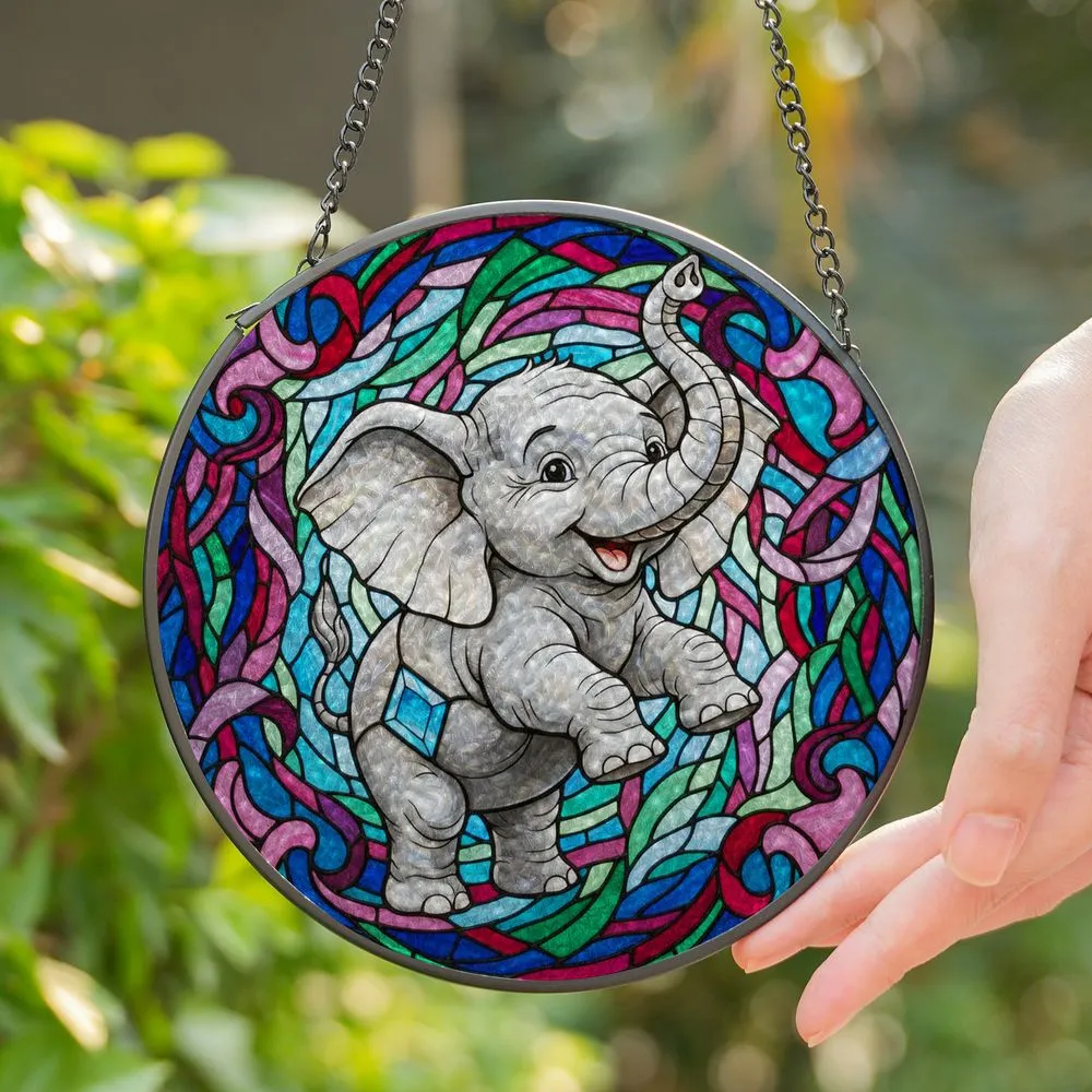 Baby Elephant Blue Gem Tiffany Stained Glass Mosaic - Intricate Jewel Tone Art Decor Stained Glass Suncatcher - 1