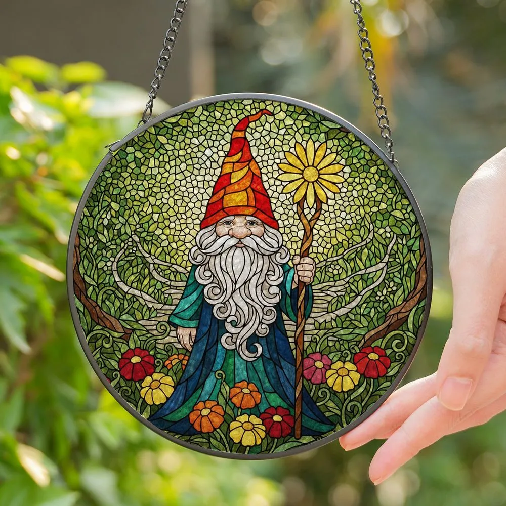 Red Hat Gnome Long Beard Forest Flowers Stained Glass - Tiffany Mosaic Jewel Tone Art Stained Glass Suncatcher - 1