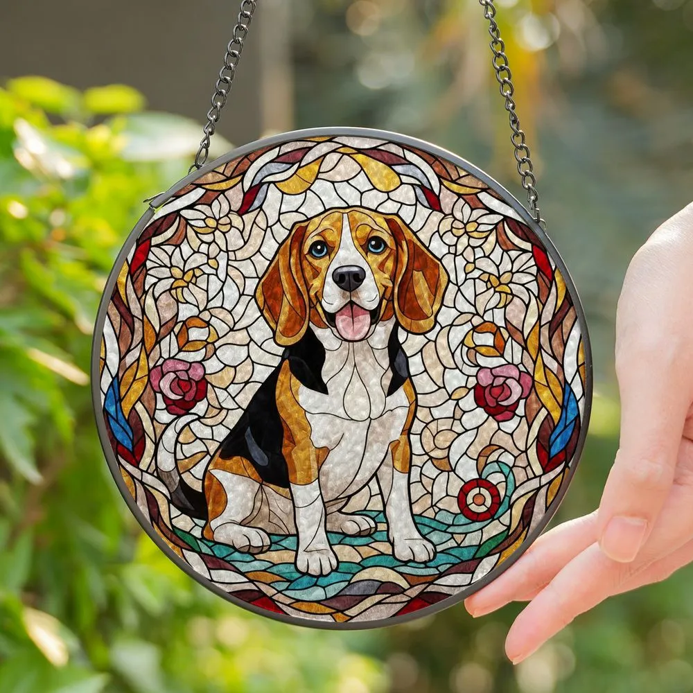 Friendly Tri-Color Beagle Dog Stained Glass Art - Tiffany Style Pet Lover Home Decor Present Stained Glass Suncatcher - 1