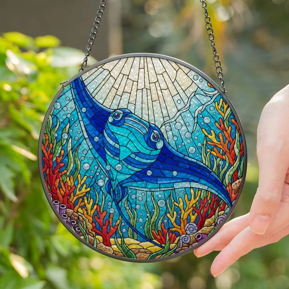 Majestic Manta Ray Stained Glass Suncatcher - Tiffany Style Underwater Mosaic Jewel Tones - 1