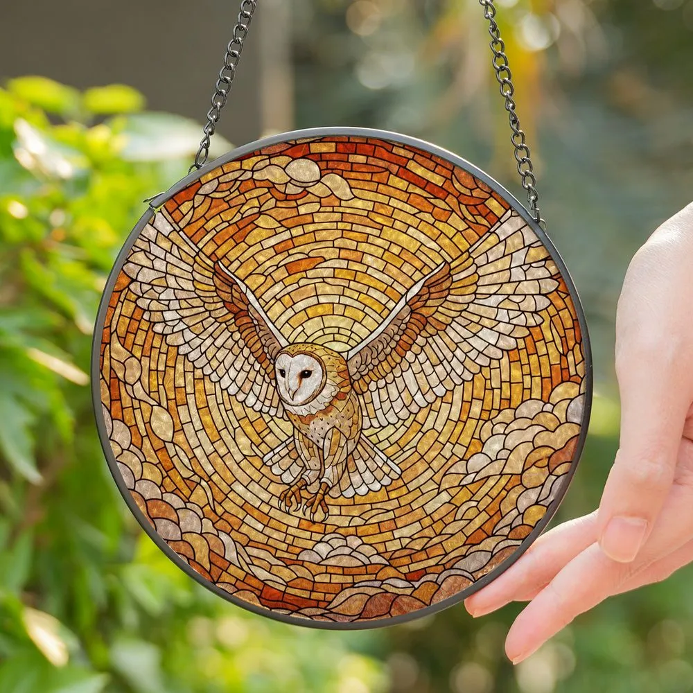 Barn Owl Full Flight Stained Glass Art with Intricate Tiffany Style Sunset Sky Mosaic Stained Glass Suncatcher - 1