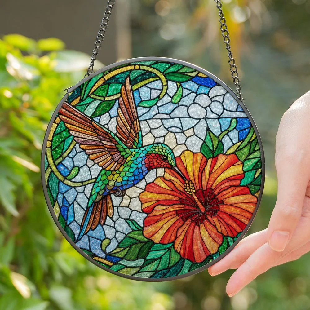 Hummingbird Hibiscus Flower Tiffany Stained Glass Art - Intricate Jewel Tone Mosaic Gleam Stained Glass Suncatcher - 1