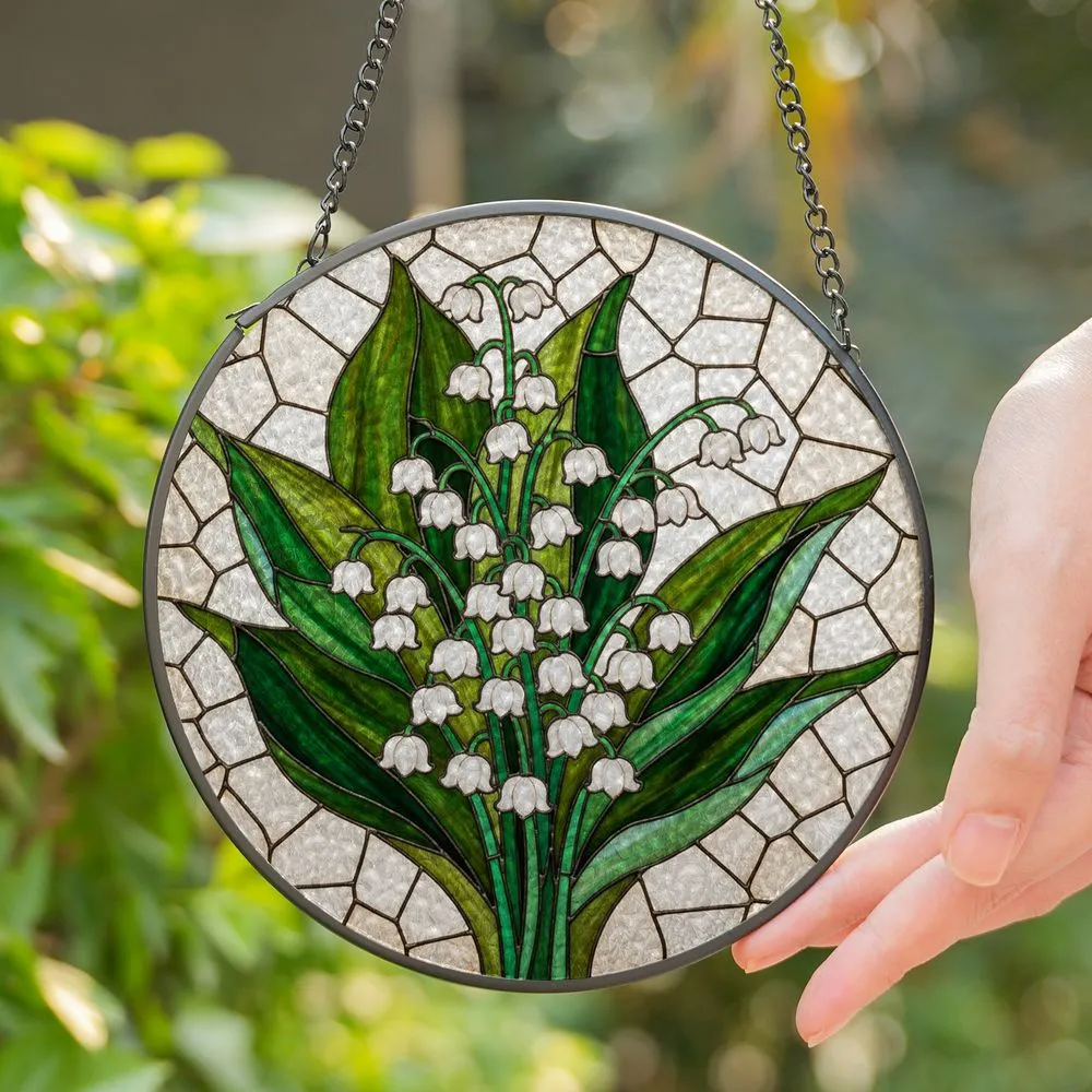 Tiffany Style Stained Glass Lily of the Valley Mosaic - Emerald Green Floral Art Decor Stained Glass Suncatcher - 1