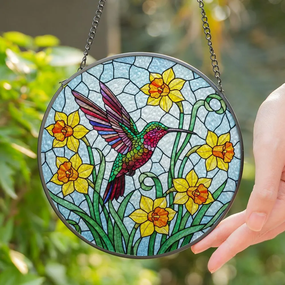 Hummingbird Stained Glass Art with Yellow Daffodils - Tiffany Style Mosaic Home Decor Gift Stained Glass Suncatcher - 1