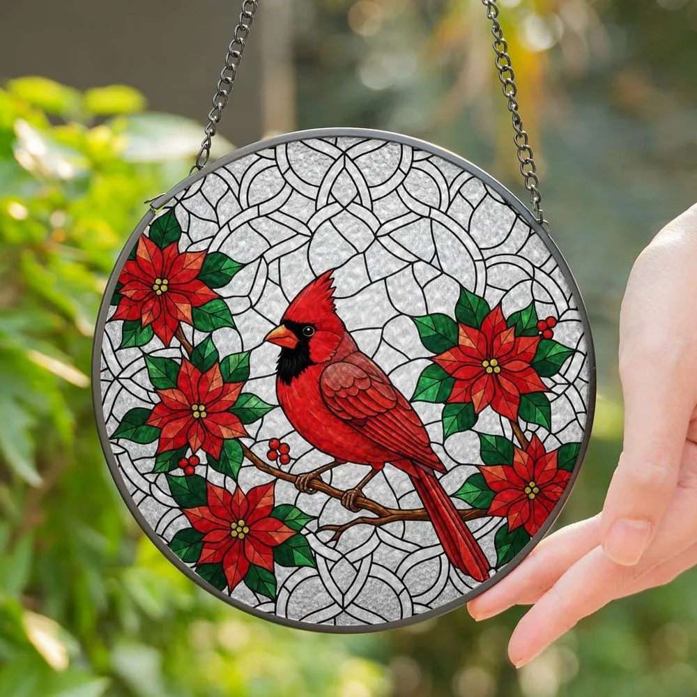Red Cardinal Poinsettia Stained Glass Tiffany Style Luminous Holiday Home Decor Gift Stained Glass Suncatcher - 1