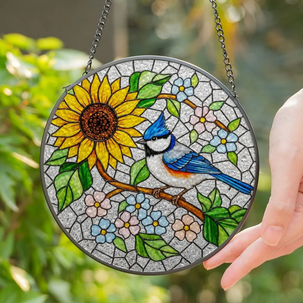 Crested Titmouse Blue Stained Glass Sunflower Floral Bird Mosaic Nature Lover Gift Stained Glass Suncatcher - 1