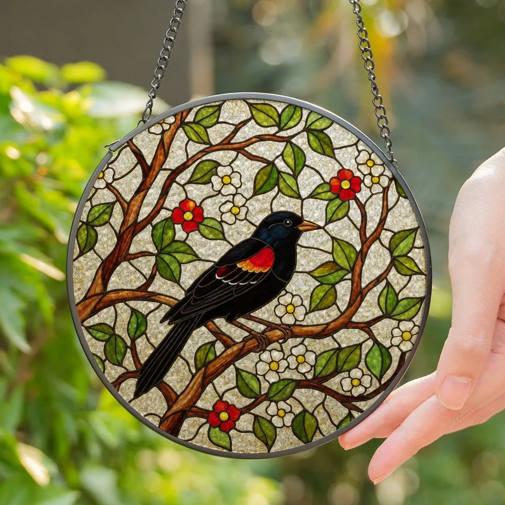 Blackbird Perched Branch Ruby Red Emerald Green Stained Glass Golden Amber Leaves Stained Glass Suncatcher - 1