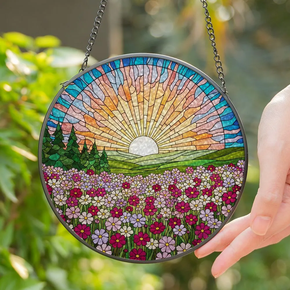 Stained Glass Sun Ray Cosmos Flowers Hillside Landscape - Tiffany Style Art Decor Stained Glass Suncatcher - 1