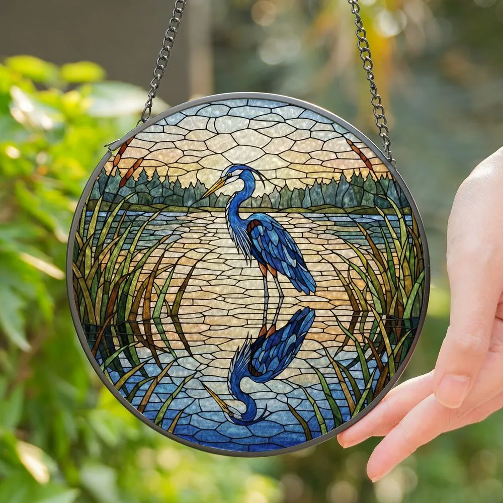 Blue Heron Stained Glass Art - Lake Pond Marsh Reeds Water Reflection Jewel Tones Stained Glass Suncatcher - 1
