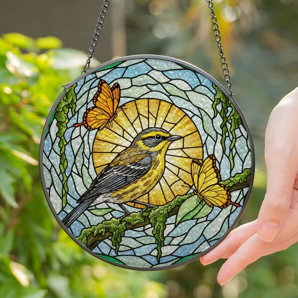 Tiffany Stained Glass Yellow Warbler Butterflies Sunburst - Jewel Tone Mosaic Art Stained Glass Suncatcher - 1
