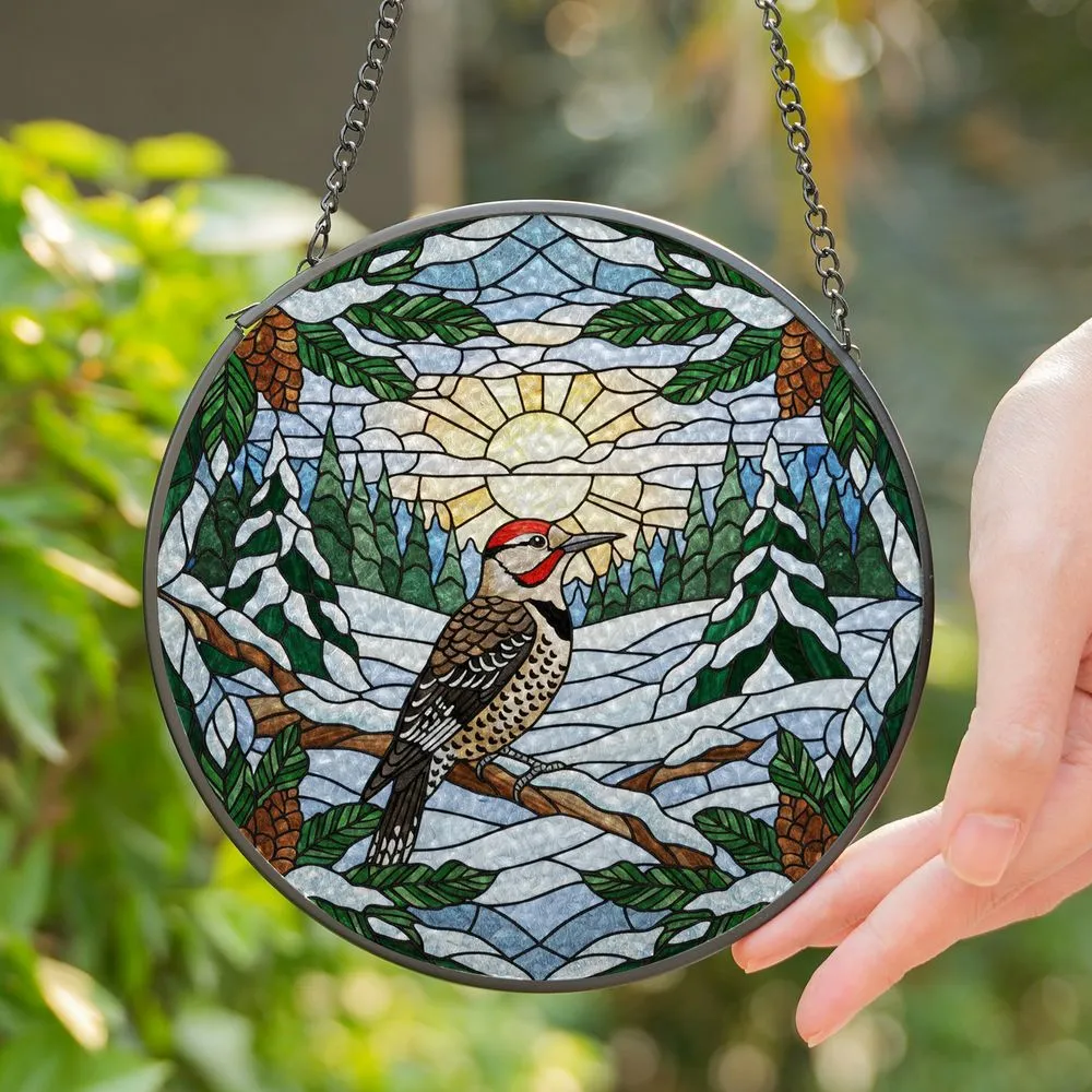 Detailed Northern Flicker Woodpecker Winter Forest - Tiffany Style Stained Glass Art Decor Stained Glass Suncatcher - 1