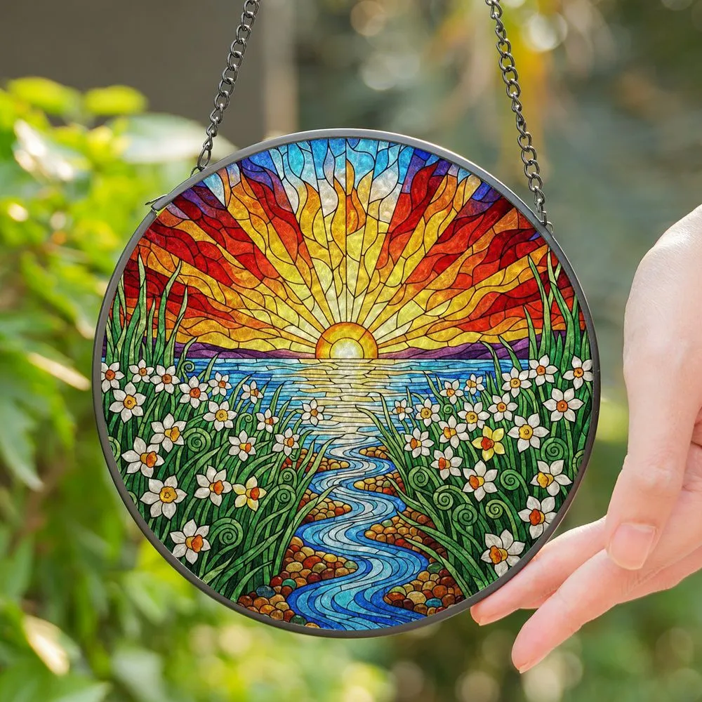 Tiffany Style Sun Daffodil Stream Stained Glass - Intricate Mosaic Sky Water Glow Stained Glass Suncatcher - 1