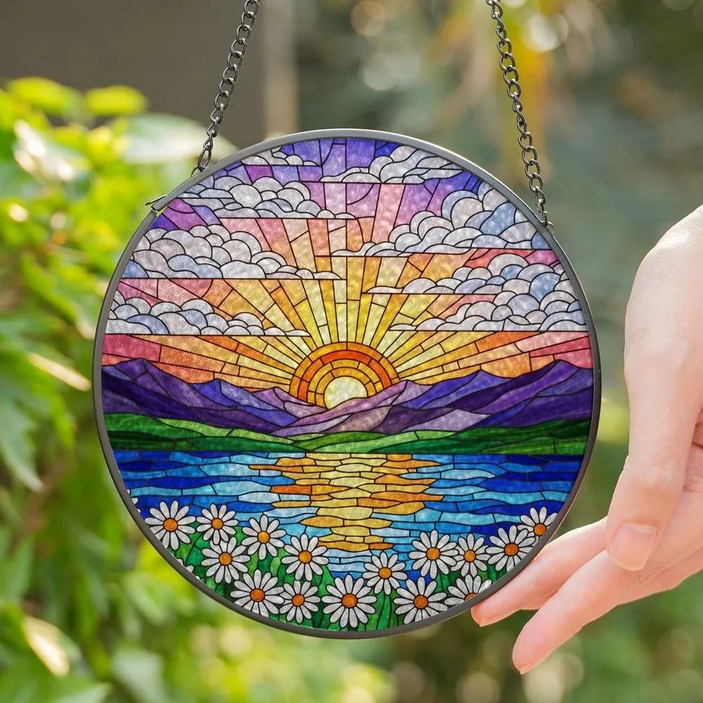 Tiffany Glass Style Sun Daisy Mountain Landscape - Radiant Horizon Sunrise Sunset Decor Stained Glass Suncatcher - 1