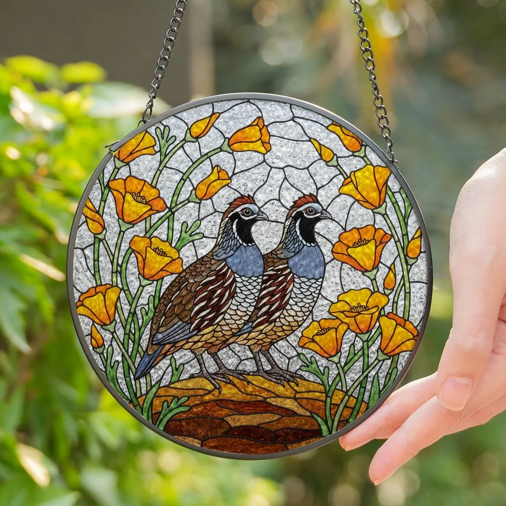 California Quail Poppy Flowers Intricate Tiffany Style Stained Glass Mosaic Art Window Display Stained Glass Suncatcher - 1