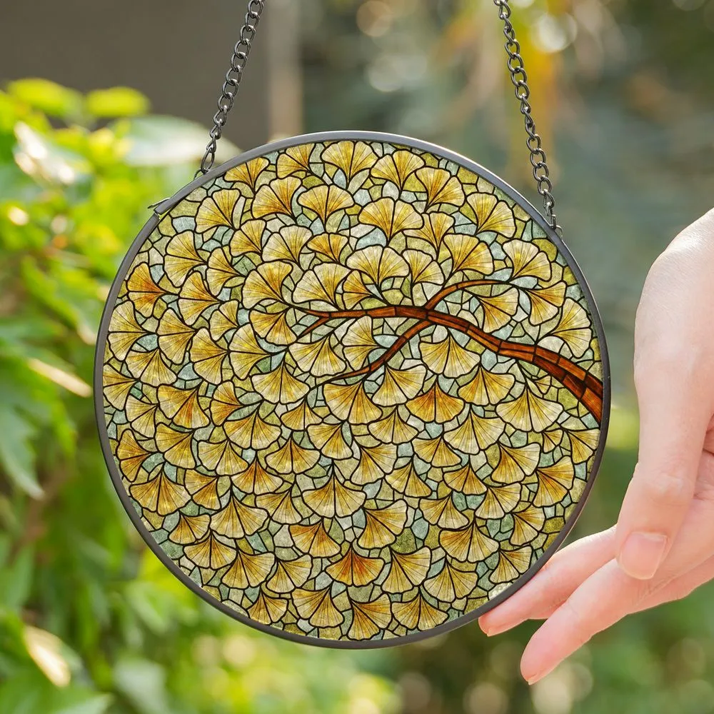 Ginkgo Tree Branch Leaves Stained Glass Tiffany Style Art - High Contrast 8K Intricate Mosaic Pattern Stained Glass Suncatcher - 1