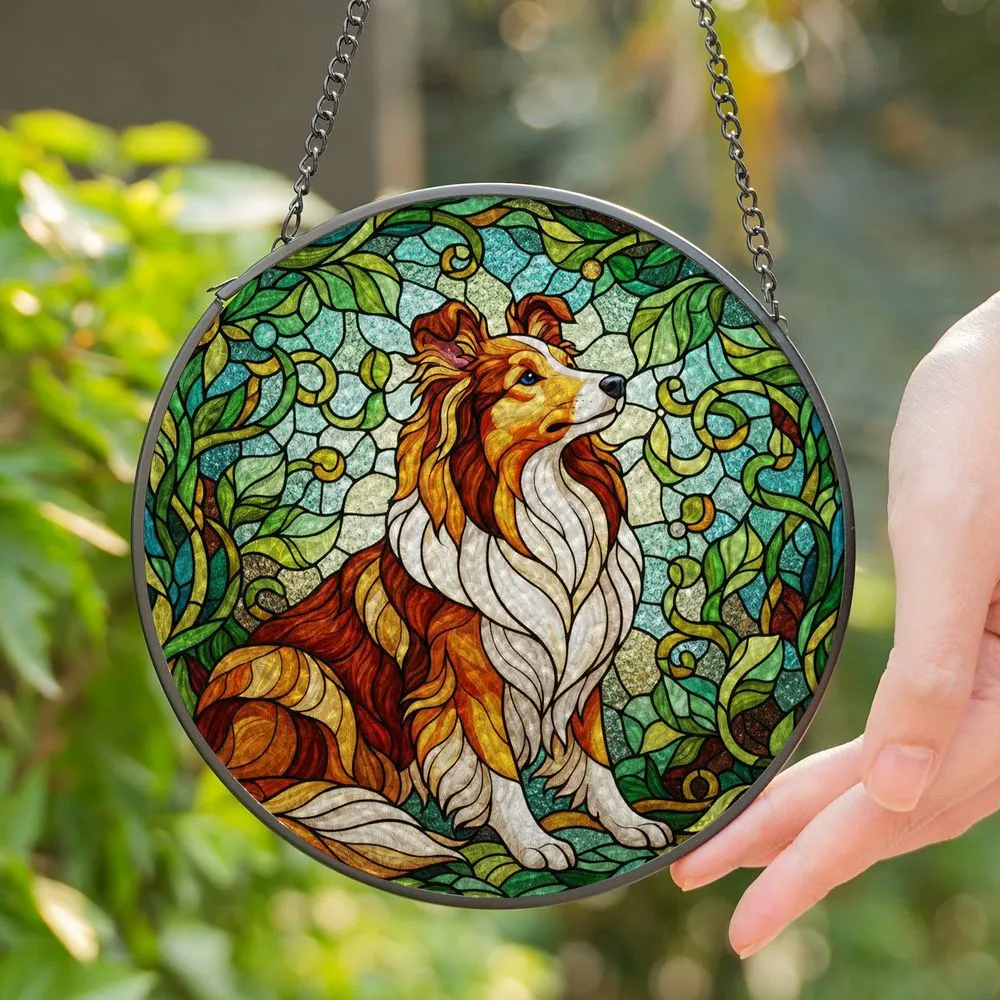 Tiffany Stained Glass Sheltie Dog - Colorful Foliage Mosaic Home Decor Gift for Dog Lovers Stained Glass Suncatcher - 1