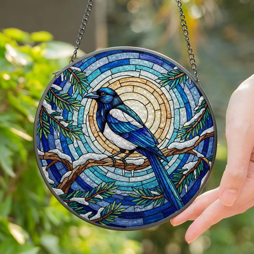 Magpie Snow Pine Branch Winter Ice Tiffany Glass Style Stained - Cold Winter Decor Gift Stained Glass Suncatcher - 1