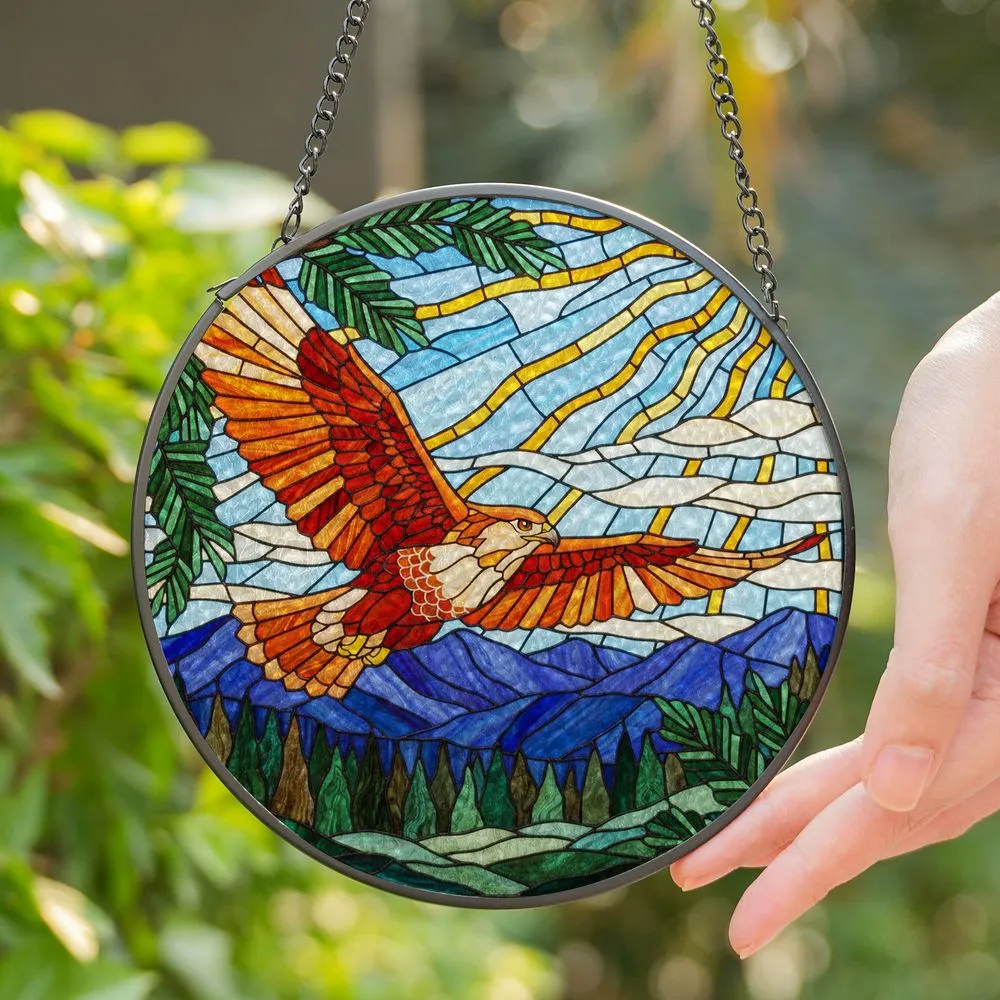 Tiffany Style Stained Glass Red-tailed Hawk Soaring Mountain Pine Forest Sun Jewel Tones Stained Glass Suncatcher - 1