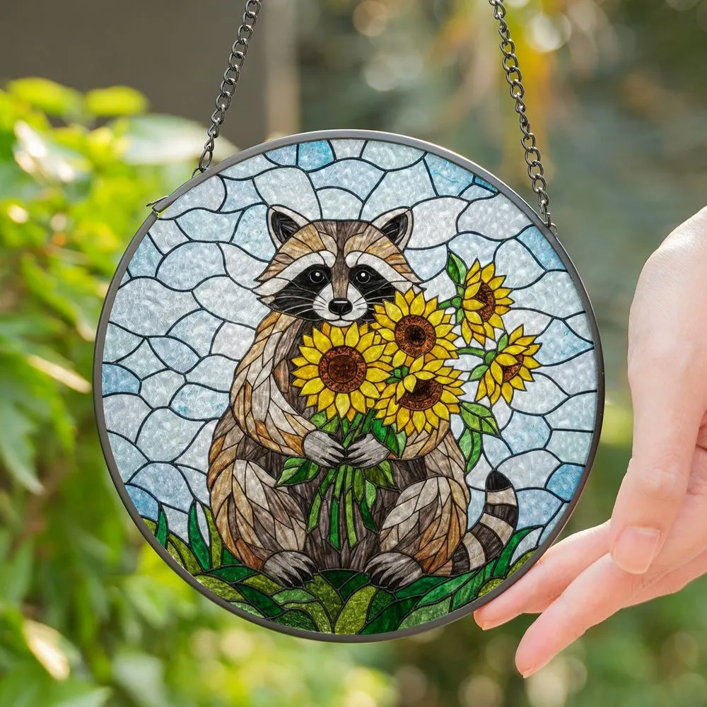 Detailed Stained Glass Raccoon Sunflowers Mosaic Art - Glowing Tiffany Style Wildlife Nature Decor Stained Glass Suncatcher - 1