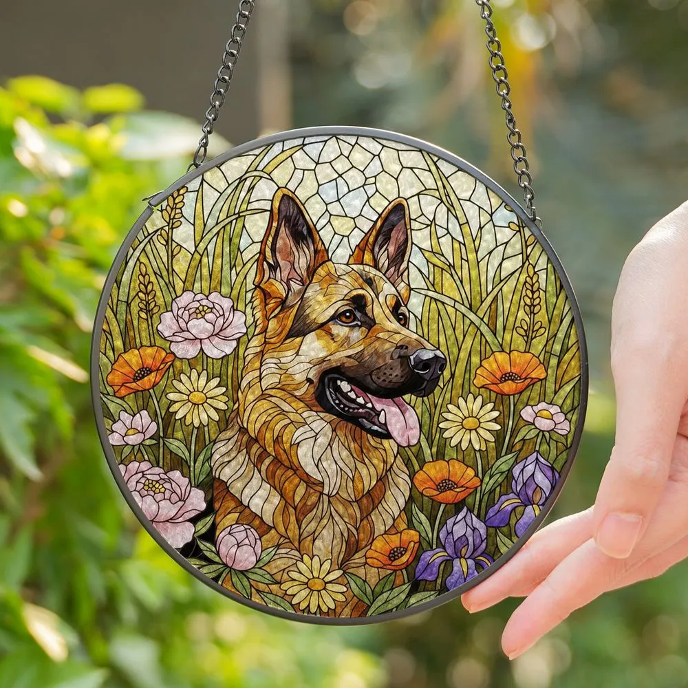 German Shepherd Stained Glass Wildflower Art Tiffany Style - Intricate Dog Decor Stained Glass Suncatcher - 1