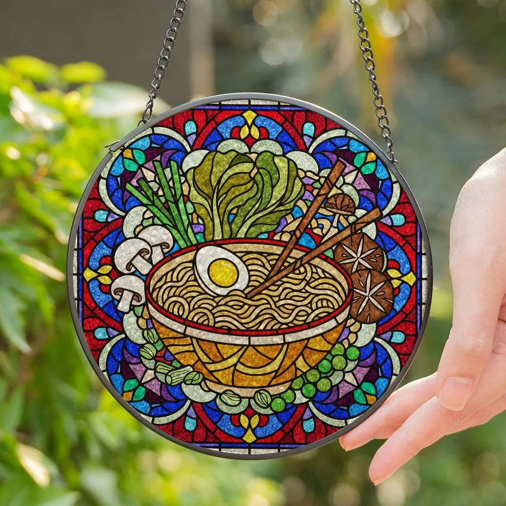 Ramen Bowl Stained Glass Art with Egg Chopsticks, Mushroom Scallion, Intricate Mosaic Stained Glass Suncatcher - 1