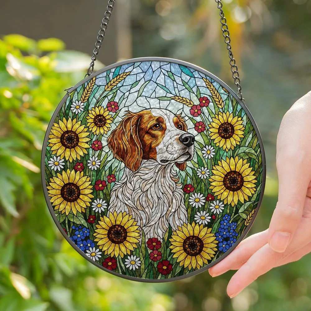 Brittany Spaniel Stained Glass Art - Sunflowers Meadow Flowers Tiffany Style Home Decor Stained Glass Suncatcher - 1