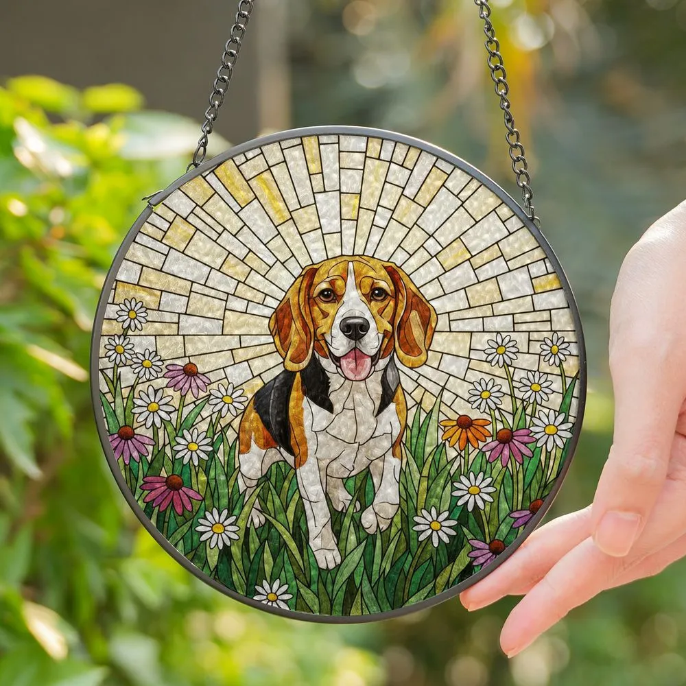 Tricolor Beagle Dog Stained Glass Wildflower Mosaic - Tiffany Style Dog Lover Gift Stained Glass Suncatcher - 1