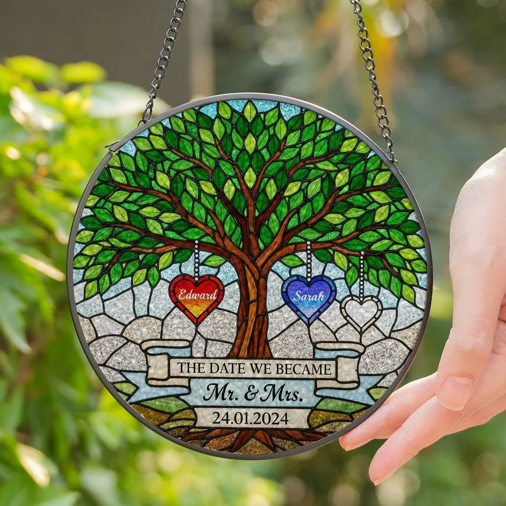 Mr. & Mrs. Date Stained Glass Tree Tiffany Style Edward Sarah Hearts - Wedding Anniversary Stained Glass Suncatcher - 1