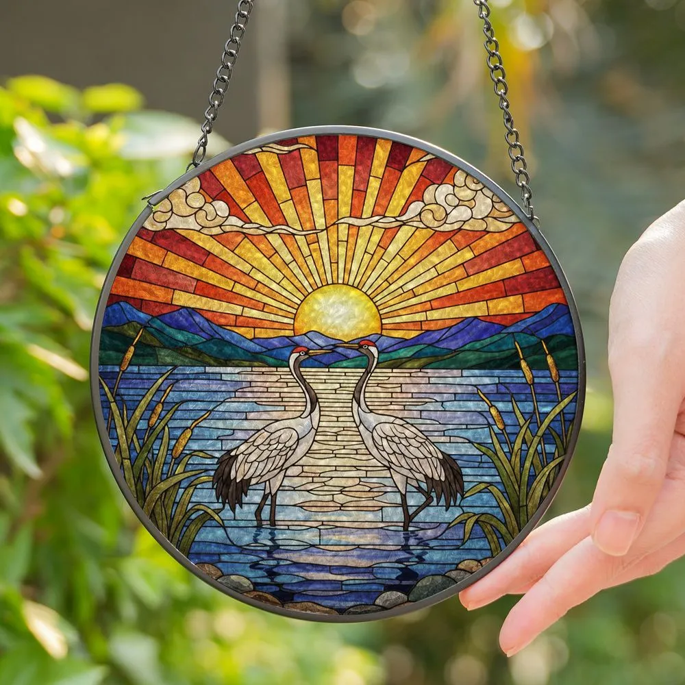 Elegant Cranes Stained Glass Sunset Tiffany Art - Jewel Tone Mountain Water Landscape Stained Glass Suncatcher - 1