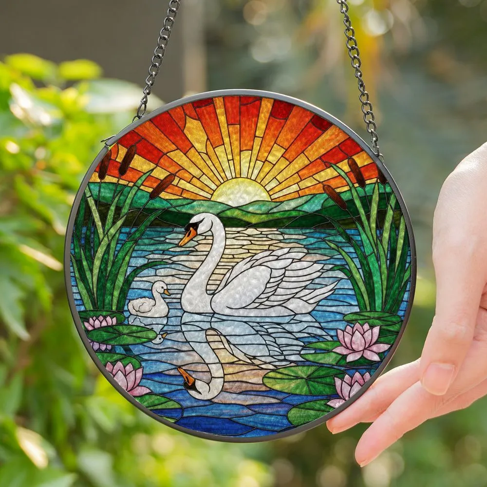 White Swan Cygnet Stained Glass Art - Tiffany Jewel Tones Sunset Lake Pond Scene Stained Glass Suncatcher - 1
