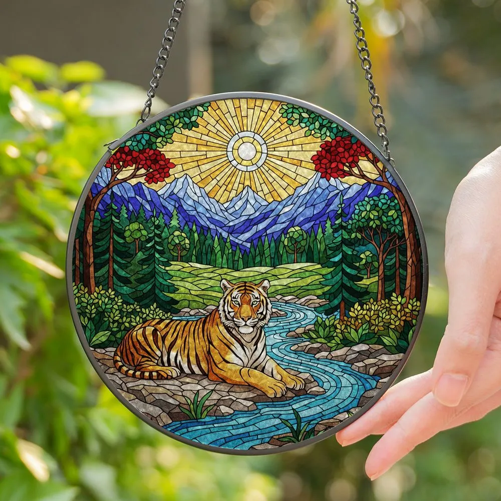 Majestic Tiger Stained Glass Art with Mountain River Forest Landscape & Radiant Sun Stained Glass Suncatcher - 1