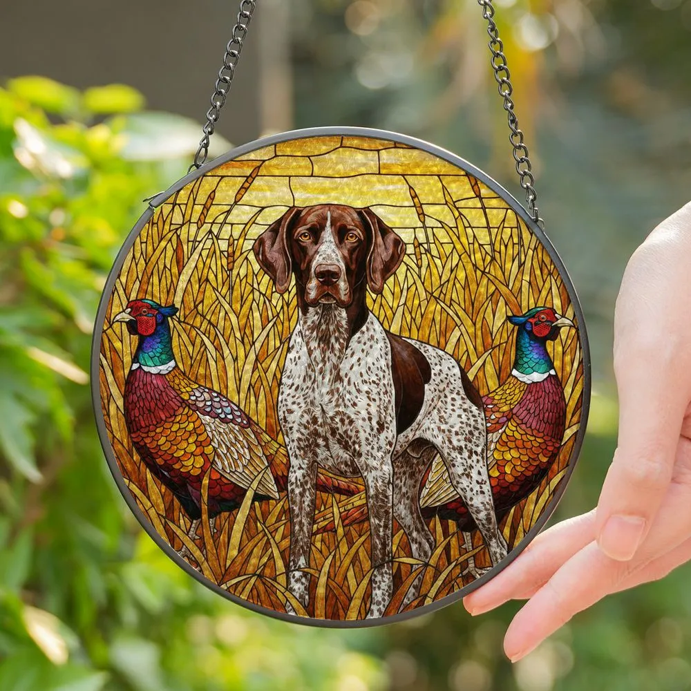 German Shorthaired Pointer Pheasant Tiffany Stained Glass Hunting Field Dog Art Stained Glass Suncatcher - 1