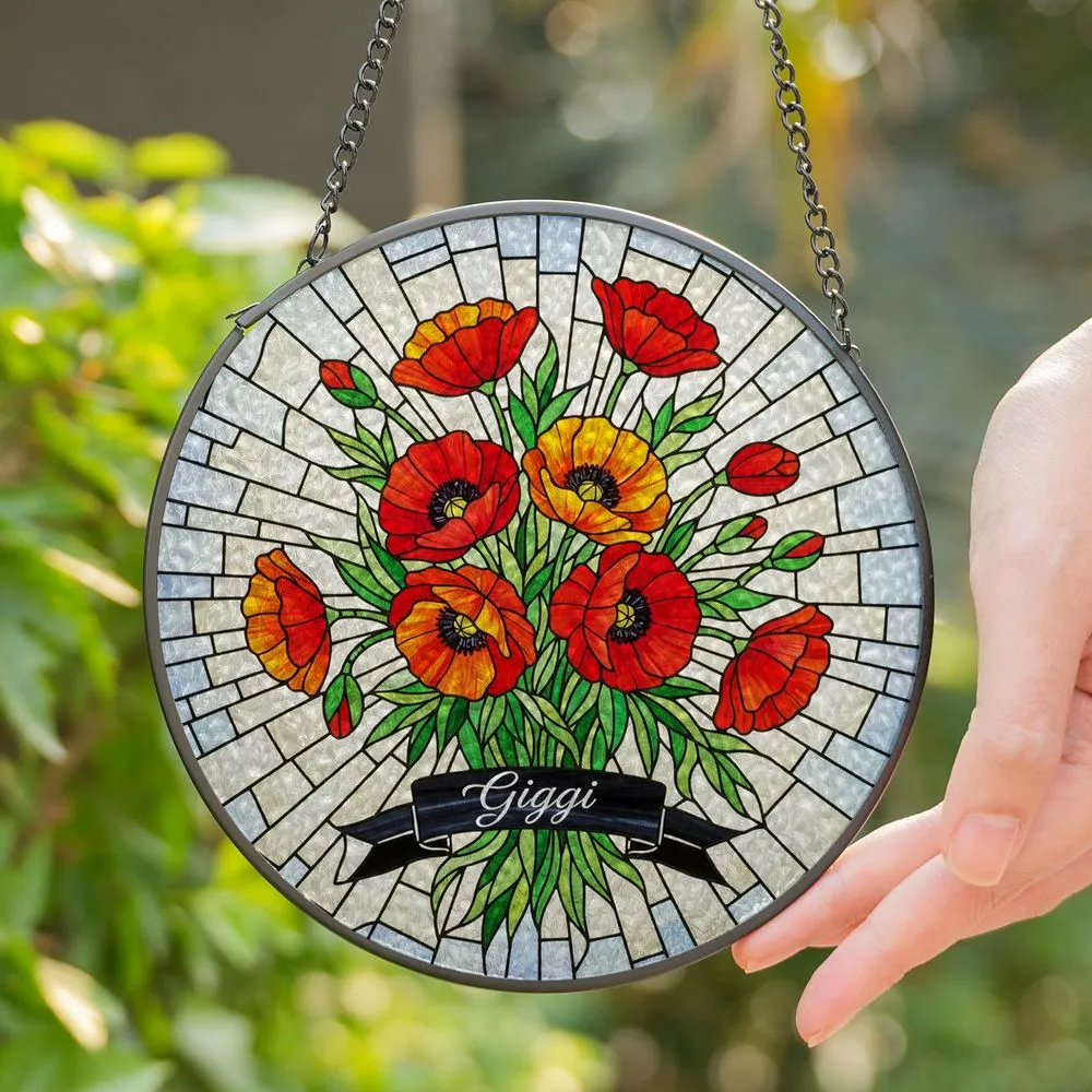 Stained Glass Tiffany Poppy Flower Bouquet - Personalized Gigi Window Decor Art Gift Stained Glass Suncatcher - 1