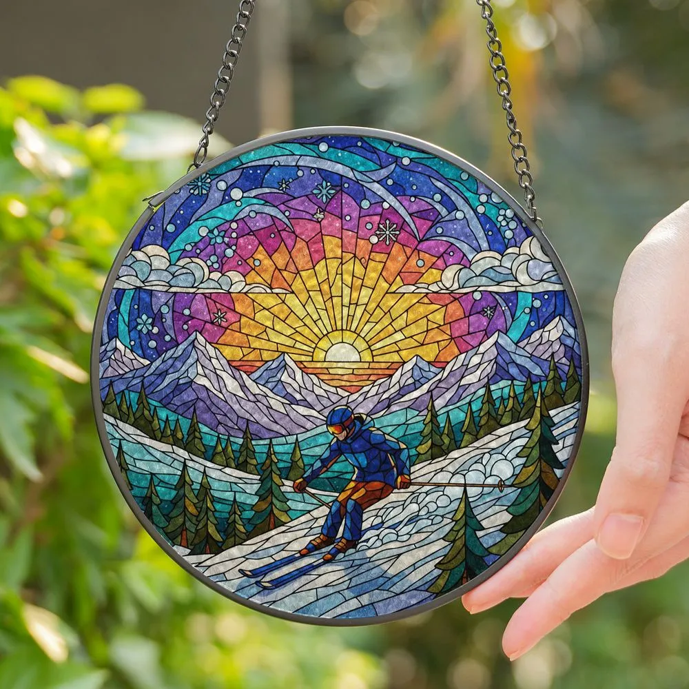 Skier Carving Snow Mountain Tiffany Style Stained Glass - Radiant Sunset Sunrise Gift Stained Glass Suncatcher - 1