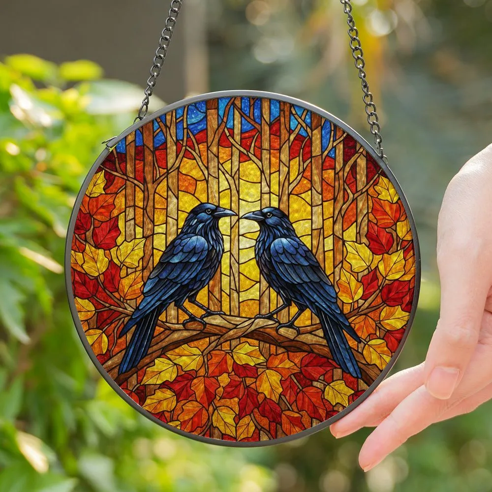 Black Crows Stained Glass Tiffany Style Autumn Leaves Tree Branches Window Decor Stained Glass Suncatcher - 1