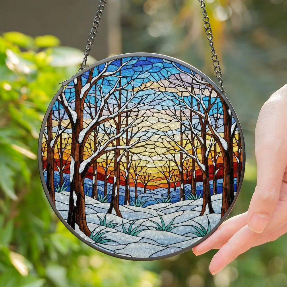 Winter Forest Snow Bare Trees Stained Glass Landscape - Tiffany Style Window Decor Gift Stained Glass Suncatcher - 1