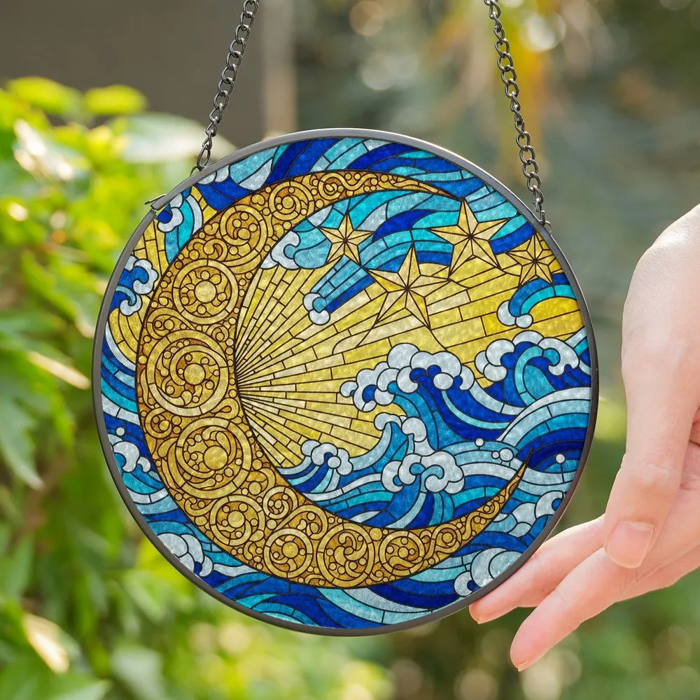 Ornate Golden Crescent Moon Stained Glass Celestial Night Stars Jewel Tone Window Art Stained Glass Suncatcher - 1