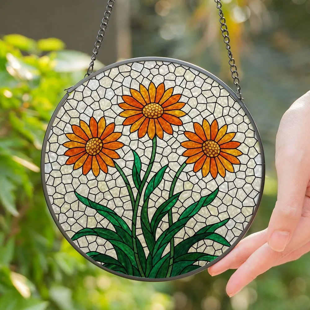 Three Orange Daisy Flowers Stained Glass Mosaic Art with Green Leaves - Tiffany Style Decor Stained Glass Suncatcher - 1